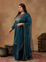 Floral Yoke Design Sequinned Satin Anarkali Kurta with Dupatta