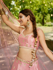 Pink colour Chinnon Sequinse embroidery Semi-Stitched Lehenga choli and Dupatta