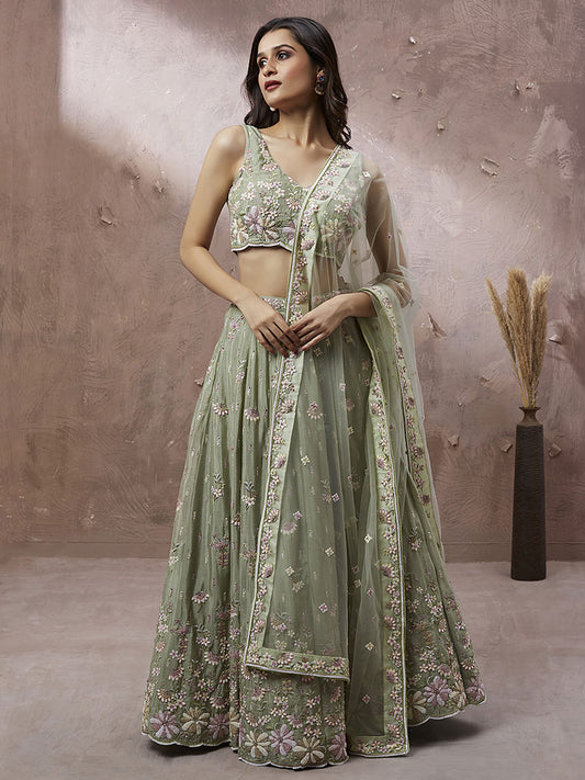 Lime Green Pure Georgette Sequins with heavy Zarkan embroidery Semi-Stitched Lehenga choli & Dupatta