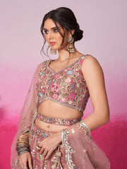 Rose gold Bridel Net Moti, Sequins embroidery Semi-Stitched Bridel Lehenga choli and Dupatta