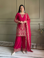 Magenta Georgette Embroiderd Palazzo Suit