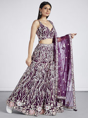 Burgundy Net Sequins and thread embroidery Semi Stitched Lehenga choli and Dupatta