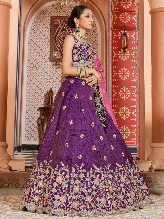 Purple Tissue Fabric Sequins embroidery Semi Stitched Lehenga & Unstitched Blouse With Dupatta