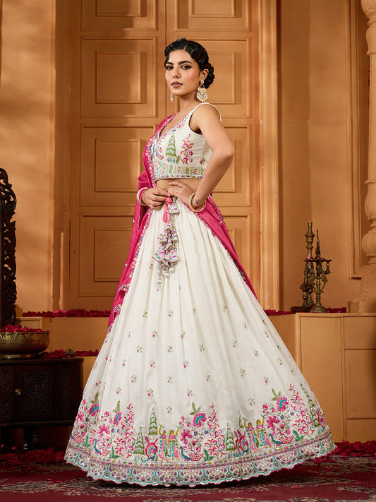 Cream Silk Fabric Sequins embroidery Semi-Stitched Lehenga & Unstitched Blouse With Dupatta
