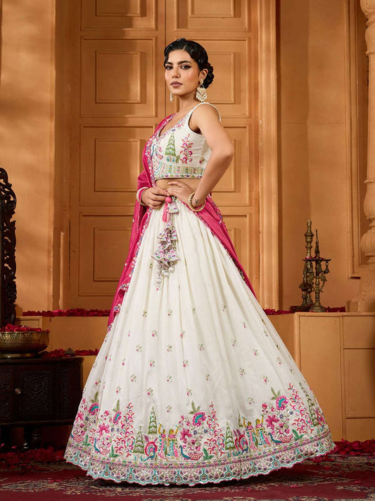 Cream Silk Fabric Sequins embroidery Semi-Stitched Lehenga & Unstitched Blouse With Dupatta