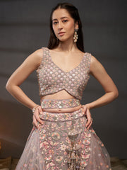 Mauve Net Multi Sequins with heavy Zarkan embroidery Semi-Stitched Lehenga choli & Dupatta