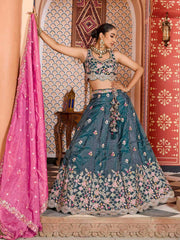 Teal Tissue Fabric Sequins embroidery Semi Stitched Lehenga & Unstitched Blouse With Dupatta
