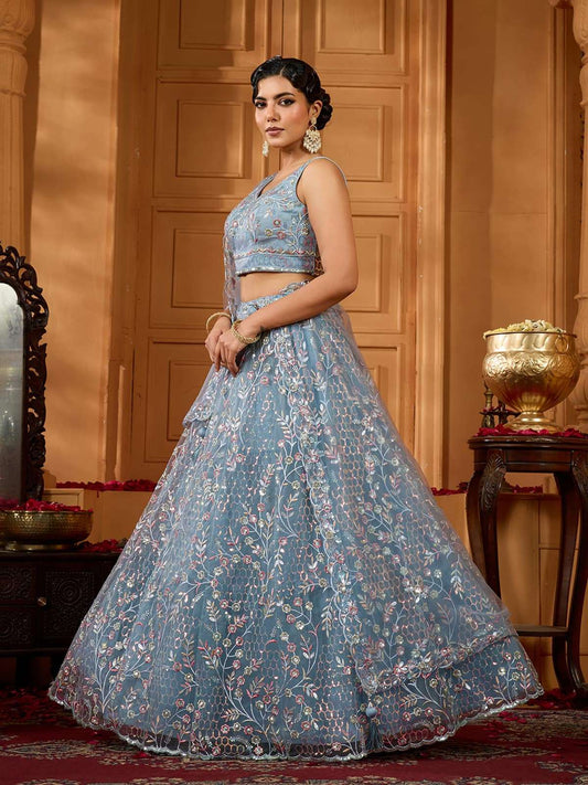 Grey Net Fabric Sequins embroidery Semi-Stitched Lehenga & Unstitched Blouse With Dupatta