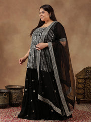 Plus Size Floral Embroidered Thread Work Straight Kurta With Sharara & Dupatta