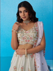 Limegreen Tissue Sequinned and Zari Embroidered Semi Stitched Lehenga and Unstitched Blouse With Dupatta