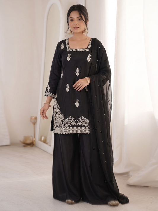 Black Designer Roman Silk Embroiderd Palazzo Suit