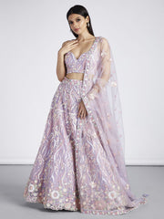 Mauve Net Sequins and thread embroidery Semi Stitched Lehenga choli and Dupatta