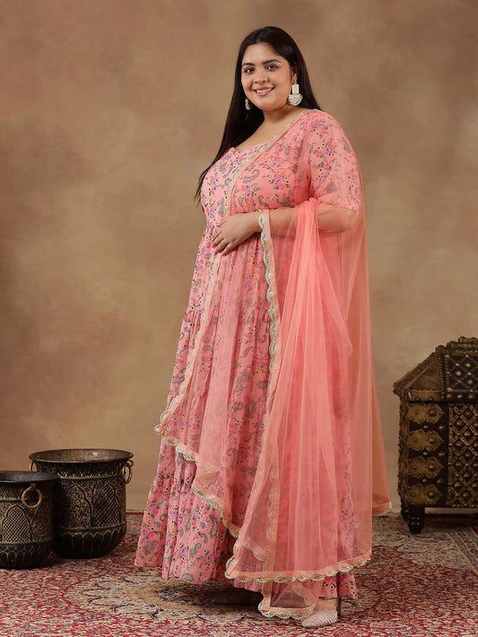 Plus Size Floral Printed Tiered Flared Kurta With Dupatta