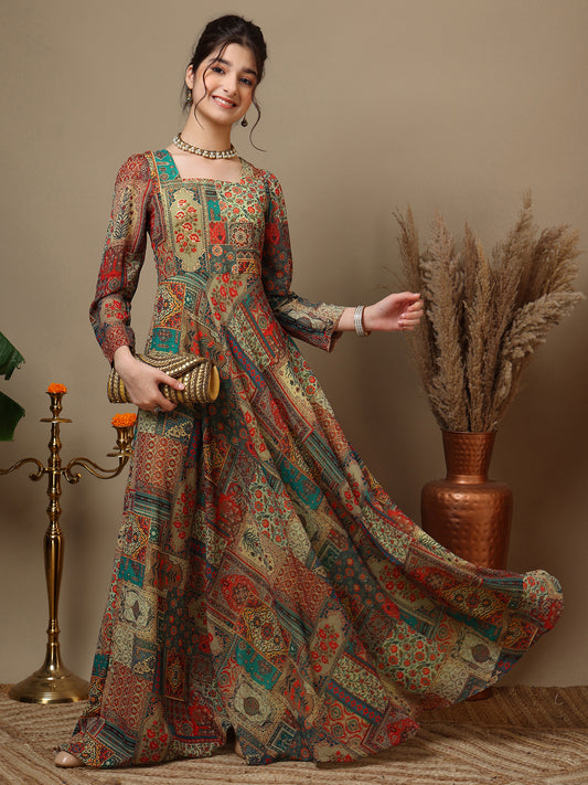 Girls Ethnic Motifs Printed Square Neck Ethnic Dress
