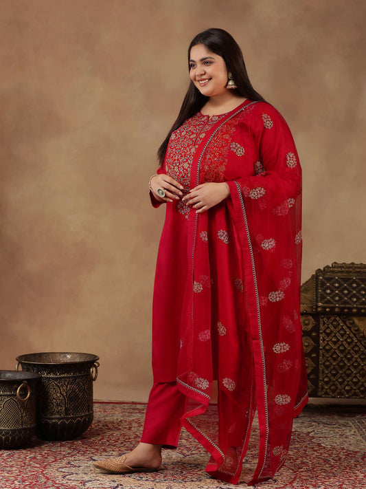 Floral Embroidered Zari Straight Kurta with Trousers & Dupatta