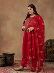 Floral Embroidered Zari Straight Kurta with Trousers & Dupatta