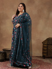 Plus Size Floral Printed Long Sleeves Georgette Anarkali Kurta With Dupatta