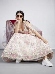 Cream Net Sequins and thread embroidery Semi Stitched Lehenga choli and Dupatta
