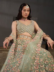 Sea green Net Multi Sequins with heavy Zarkan embroidery Semi-Stitched Lehenga choli & Dupatta