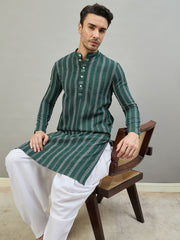 Woven Design Striped Mandarin Collar Knee Length Straight Kurtas