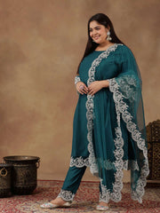 Plus Size Embroidered Thread Work Straight Kurta With Trousers & Dupatta