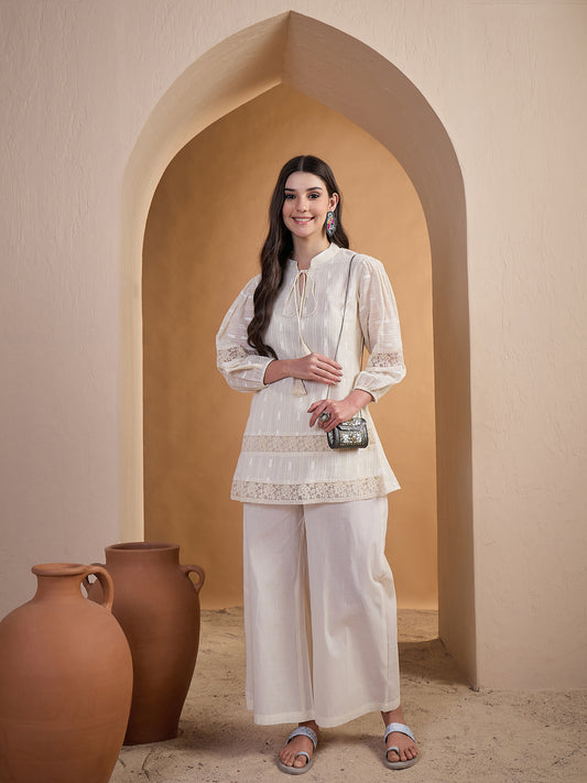 Off White Mandarin Collar Ethnic Tunic