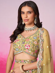 Mustard Bridel Net Moti, Sequins embroidery Semi-Stitched Bridel Lehenga choli and Dupatta