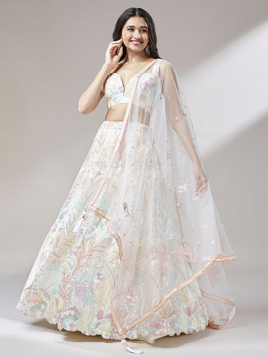 Cream Net Sequinse Work Semi-Stitched Lehenga & Unstitched Blouse with Dupatta