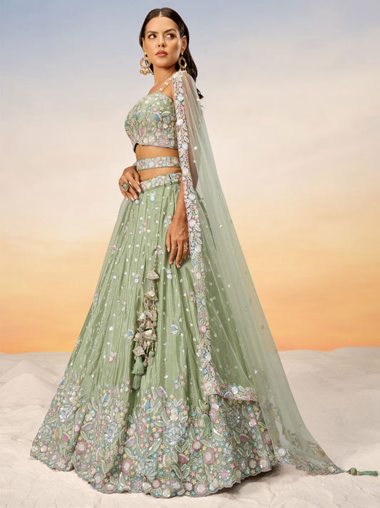 Lime green Chiffon Sequins and thread embroidery Semi-Stitched Lehenga choli & Dupatta