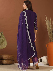Women Purple Floral Embroidered Pleated Thread Work Kurta with Palazzos & With Dupatta