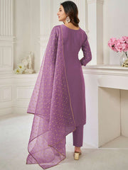 Women Mauve Ethnic Motifs Embroidered Regular Sequinned Chanderi Cotton Kurta with Trousers & With Dupatta