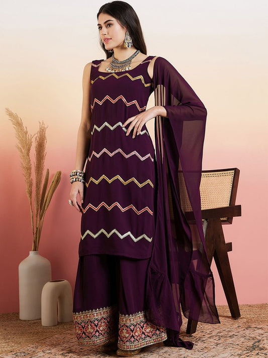 Maroon Ethnic Motifs Embroidered Thread Work Georgette Kurta With Palazzo & Dupatta