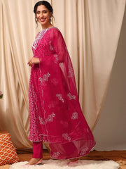 Pink Women Floral Printed Layered Thread Work Kurta with Trousers & With Dupatta