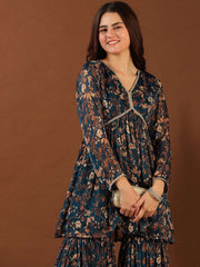 Navy Blue Floral Printed Pleated Gotta Patti Kurti With Sharara