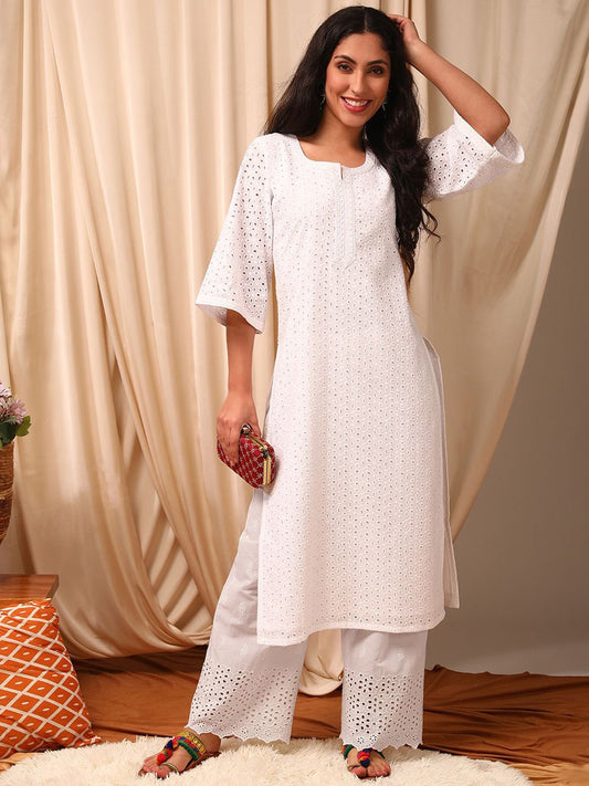 Women White Ethnic Motifs Embroidered Flared Sleeves Chikankari White Romance Kurta