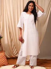 Women White Ethnic Motifs Embroidered Flared Sleeves Chikankari White Romance Kurta