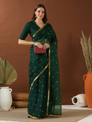 Green Floral Sequinned Organza Saree