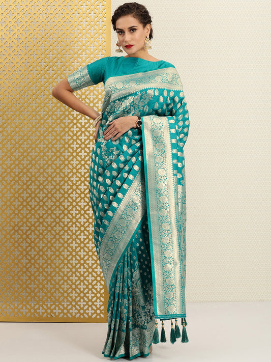 Teal & Gold-Toned Ethnic Motifs Zari Silk Blend Banarasi Saree