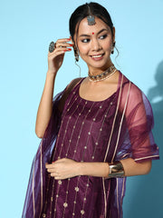 Women Mauve Ethnic Motifs Net Ethereal Embroidery Kurta Set