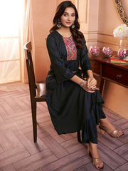 Navy Blue Ethnic Motifs Yoke Design Regular Thread Work Kurta with Trousers