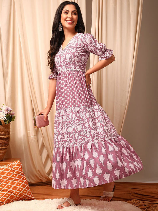 Pink and white Floral Printed Tiered Ethnic Dress