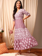 Pink and white Floral Printed Tiered Ethnic Dress