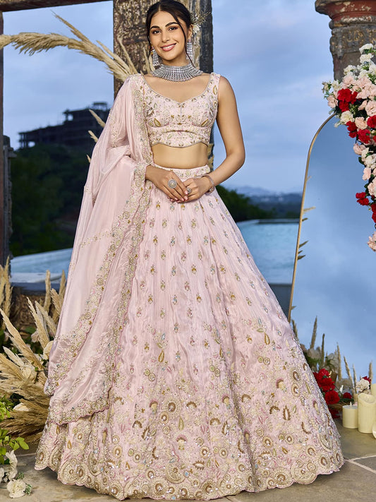 Pink Tissue Fabric Beads & Sequince Embroidered Semi Stitched Lehenga Choli & Dupatta