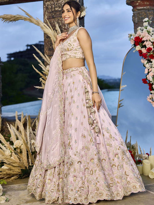 Pink Tissue Fabric Beads & Sequince Embroidered Semi Stitched Lehenga Choli & Dupatta