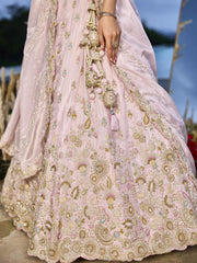 Pink Tissue Fabric Beads & Sequince Embroidered Semi Stitched Lehenga Choli & Dupatta