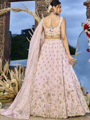 Pink Tissue Fabric Beads & Sequince Embroidered Semi Stitched Lehenga Choli & Dupatta