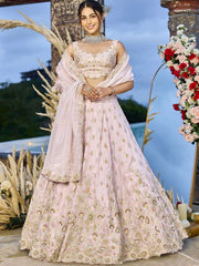 Pink Tissue Fabric Beads & Sequince Embroidered Semi Stitched Lehenga Choli & Dupatta