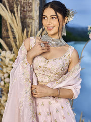 Pink Tissue Fabric Beads & Sequince Embroidered Semi Stitched Lehenga Choli & Dupatta