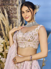 Pink Tissue Fabric Beads & Sequince Embroidered Semi Stitched Lehenga Choli & Dupatta