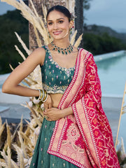 Green Cosmos Silk Fabric Beads & Sequince Embroidered Semi-Stitched Lehenga Unstitched Blouse & Dupatta